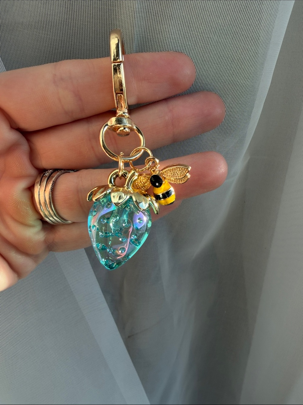 Gold Bee & Teal Strawberry Crystal Keychain Charm